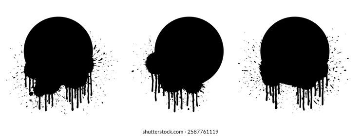 Grunge circle backgrounds set with paint drops. Paint drip. Splatter round frames set. Grunge stains. Ink splash. Round grunge backdrops. Liquid dripping collection.
