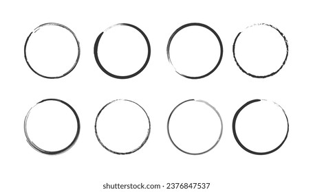 Grunge circle brush collection, vector illustration. Brush strokes symbol. Hand drawn ink paintbrush, japanese calligraphy.