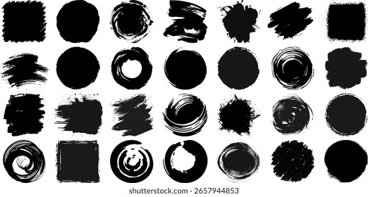 Grunge Circle and Brush Stroke Icon Set | Hand-Drawn Black Ink Design Elements