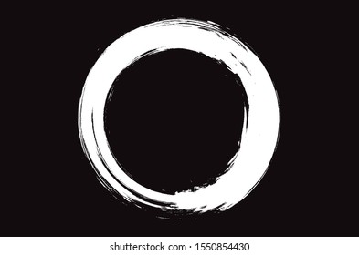 Grunge circle brush stroke isolated on black background. White paint grunge circle. Brush stroke vector. For round ink and banner design. Round paint grunge circle. Hand drawn paintbrush shape, vector