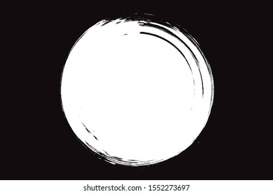 Grunge circle brush stroke isolated on black background. White paint grunge circle. Brush stroke vector. For round ink and banner design. Round paint grunge circle. Hand drawn paintbrush shape, vector