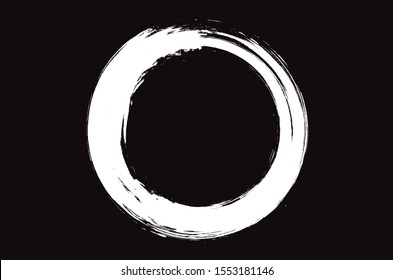 Grunge circle brush stroke isolated on black background. White paint grunge circle. Brush stroke vector. For round ink and banner design. Round paint grunge circle. Hand drawn paintbrush shape, vector