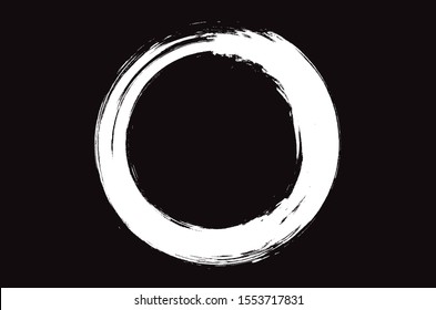 Grunge circle brush stroke isolated on black background. White paint grunge circle. Brush stroke vector. For round ink and banner design. Round paint grunge circle. Hand drawn paintbrush shape, vector