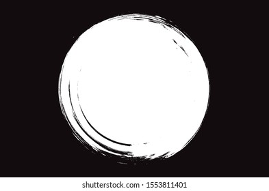 Grunge circle brush stroke isolated on black background. White paint grunge circle. Brush stroke vector. For round ink and banner design. Round paint grunge circle. Hand drawn paintbrush shape, vector