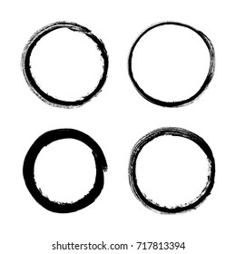 Grunge circle brush strokes for frames. Vector set, design hand-drawn elements