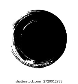 Círculo grunge, traçados de pincel, linhas, borrões de tinta, forma de rabisco desenhada à mão. Marca de esboço artesanal, manchas acrílicas, listras de carvão. Textura de tinta, efeito pincel seco. Ilustração vetorial