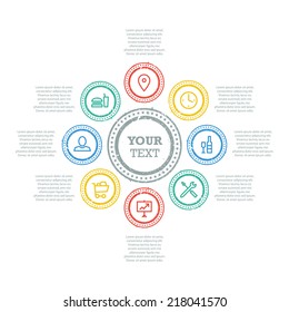 Grunge circle business diagram with icons and text fields. Vector graphic template illustration isolated on white background.