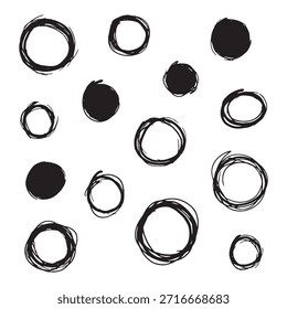 Grunge circle collection. Hand drawn ink splashes. Black paint elements. Artistic shapes. Abstract round brush strokes.