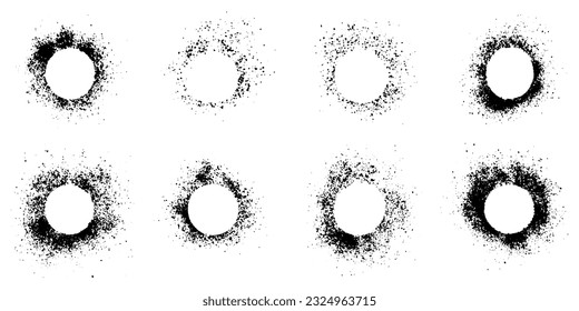 Grunge Circle Frame Collection. Paint Spray Splatter, Ink Stain Set. Messy Brushstroke, Round Border. Halftone Effect with Rough Texture. Abstract Design Element. Isolated Vector Illustration.