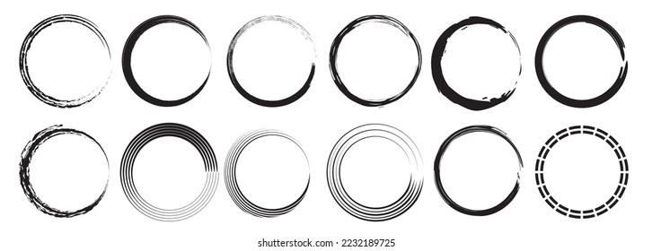 Grunge circle frames. Abstract set of hand drawn round frames isolated on white background.