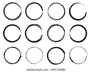 Grunge circle frames. Black ink brush round shapes, circular distress textured borders. Hand drawn grungy paint stroke circles vector set. Abstract thick and thin stripe elements isolated