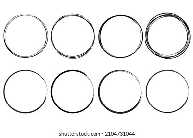 Grunge circle frames icon set. Outline ink art. Creative design. Hand drawn picture. Vector illustration. Stock image.