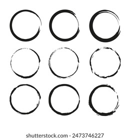 Grunge circle frames. Rough brush strokes. Black vector elements. Abstract design.