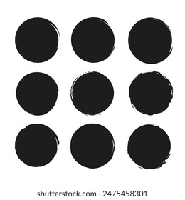 Grunge circle icons. Hand drawn vector. Abstract black shapes. Rough border design.