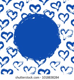Grunge circle on hearts background. Hand painted with ink brush. Hand drawn Valentine's Day card, wedding invitation, birthday card, baby shower invitation. Vector illustration