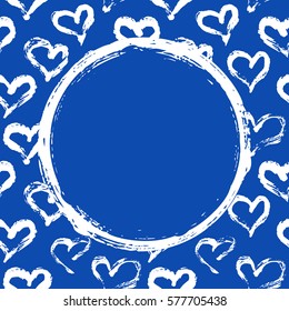 Grunge circle on hearts background. Hand painted with ink brush. Place for your text. Hand drawn Valentines Day card, wedding invitation, birthday card, baby shower invitation. Vector illustration