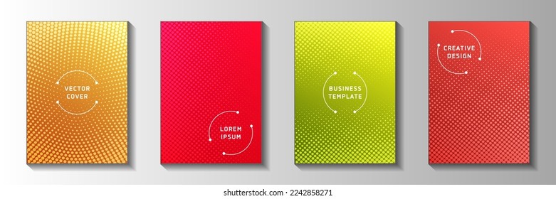 Grunge circle perforated halftone cover page templates vector set. Scientific banner faded halftone backgrounds. Retro manga comics style front page layouts. Overlay spots grid