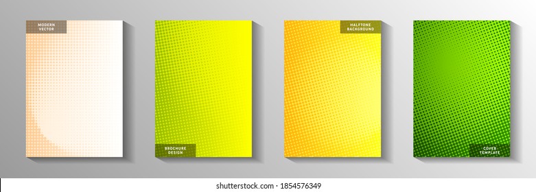 Grunge circle perforated halftone front page templates vector batch. School journal faded halftone patterns. Vintage manga comics style cover leaflets. Optical effects.