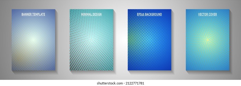 Grunge circle perforated halftone front page templates vector collection. Medical brochure faded halftone backdrops. Vintage manga comics style title page layouts. Distressed prints.