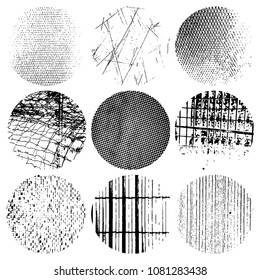 Grunge circle post stamp mockups set of distressed overlay circular mark texture for your design. Logos, Icons, Banners, insignias , labels and Badges. Distress blank shapes collection. EPS10 vector.