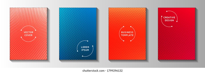 Grunge circle screen tone gradation cover page templates vector collection. Business brochure faded screen tone backgrounds. Vintage cartoon comics style cover layouts. Matrix elements.