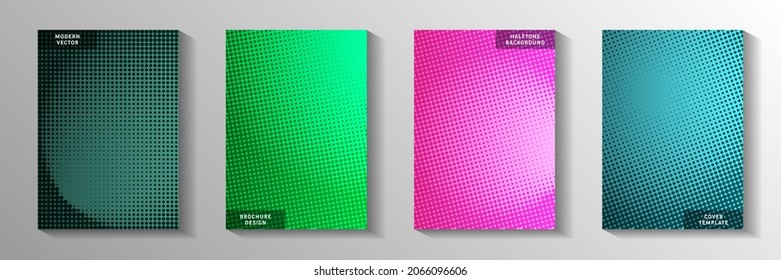 Grunge circle screen tone gradation cover page templates vector kit. Scientific brochure faded screen tone patterns. Vintage cartoon comics style cover layouts. Linear design.