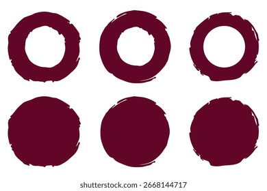 Formas de Grunge Circle. Marco de círculo de trazo de pincel, dibujado a mano efecto de textura de garabato áspero círculo rojo, sello de crayón grunge. Marcos redondos negros Grunge. Ilustración vectorial.