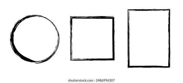 Grunge circle, square, rectangle frame set. Round and rectangular paint brush border collection. Black chalk or ink uneven stroke elements for design, banner, poster, flyer, brochure, cover. Vector