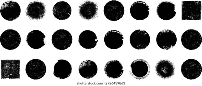 Grunge Circle and Square Shape Collection. Rough Distressed Ink Stamp Textures Set. Editable Black Vector Shapes.