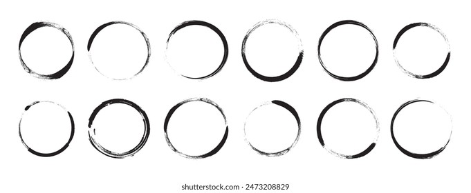 Grunge circle stain, coffee ring, cup ink mark, black round trace line art, charcoal brush outline design isolated on white background. Chalk paint vector illustration