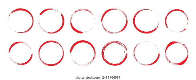 Grunge circle stain, coffee ring, cup red ink mark, round trace line art, charcoal brush outline design isolated on white background. Chalk paint vector illustration