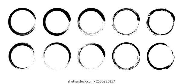 Grunge circle stroke template set design element vector frames in black and white color. Set of circle frames with paintbrush scratch textures, ink brushes, logo grunge style, black circular elements