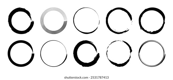 Grunge circle stroke template set design element vector frames in various styles in black and white color. Set of circle frames with paintbrush scratch textures, ink brushes, logo grunge style.