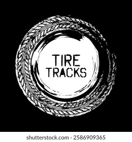 Grunge circle tire track, wheel braking mark. Truck, car or motorcycle tread pattern silhouettes. Auto race, motorsport, speed racing design element. Vector illustration