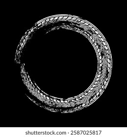 Grunge circle tire track, wheel braking mark. Truck, car or motorcycle tread pattern silhouettes. Auto race, motorsport, speed racing design element. Vector illustration