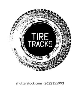 Grunge circle tire track, wheel braking mark. Truck, car or motorcycle tread pattern silhouettes. Auto race, motorsport, speed racing design element. Vector illustration