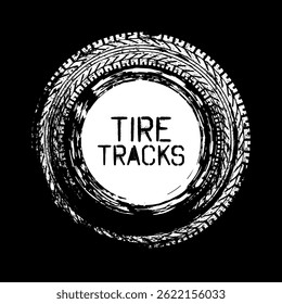 Grunge circle tire track, wheel braking mark. Truck, car or motorcycle tread pattern silhouettes. Auto race, motorsport, speed racing design element. Vector illustration