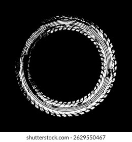 Trilha do pneu em círculo grunge, marca de travagem da roda. Silhuetas padrão de piso de caminhões, automóveis ou motociclos. Auto corrida, automobilismo, velocidade de corrida elemento de design. Ilustração vetorial