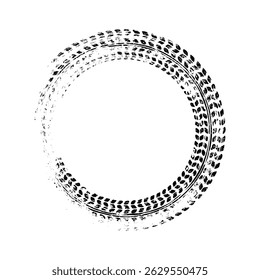 Grunge circle tire track, wheel braking mark. Truck, car or motorcycle tread pattern silhouettes. Auto race, motorsport, speed racing design element. Vector illustration