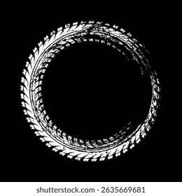 Grunge circle tire track, wheel braking mark. Truck, car or motorcycle tread pattern silhouettes. Auto race, motorsport, speed racing design element. Vector illustration