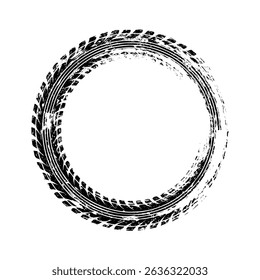 Grunge circle tire track, wheel braking mark. Truck, car or motorcycle tread pattern silhouettes. Auto race, motorsport, speed racing design element. Vector illustration