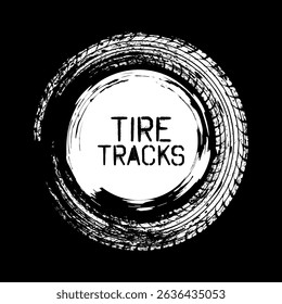 Grunge circle tire track, wheel braking mark. Truck, car or motorcycle tread pattern silhouettes. Auto race, motorsport, speed racing design element. Vector illustration