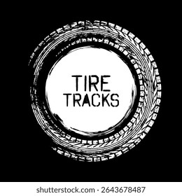 Grunge circle tire track, wheel braking mark. Truck, car or motorcycle tread pattern silhouettes. Auto race, motorsport, speed racing design element. Vector illustration