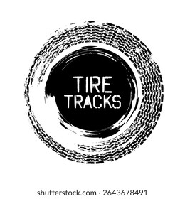 Grunge circle tire track, wheel braking mark. Truck, car or motorcycle tread pattern silhouettes. Auto race, motorsport, speed racing design element. Vector illustration