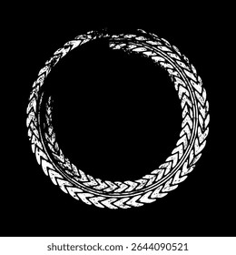 Grunge circle tire track, wheel braking mark. Truck, car or motorcycle tread pattern silhouettes. Auto race, motorsport, speed racing design element. Vector illustration