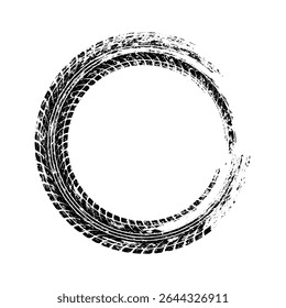 Grunge circle tire track, wheel braking mark. Truck, car or motorcycle tread pattern silhouettes. Auto race, motorsport, speed racing design element. Vector illustration