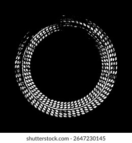 Grunge circle tire track, wheel braking mark. Truck, car or motorcycle tread pattern silhouettes. Auto race, motorsport, speed racing design element. Vector illustration