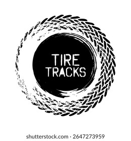 Grunge circle tire track, wheel braking mark. Truck, car or motorcycle tread pattern silhouettes. Auto race, motorsport, speed racing design element. Vector illustration