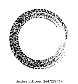Grunge circle tire track, wheel braking mark. Truck, car or motorcycle tread pattern silhouettes. Auto race, motorsport, speed racing design element. Vector illustration