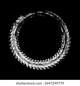 Grunge circle tire track, wheel braking mark. Truck, car or motorcycle tread pattern silhouettes. Auto race, motorsport, speed racing design element. Vector illustration
